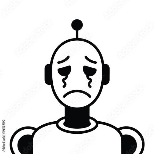 Sad robot face a black and white illustration of robotic sorrow
