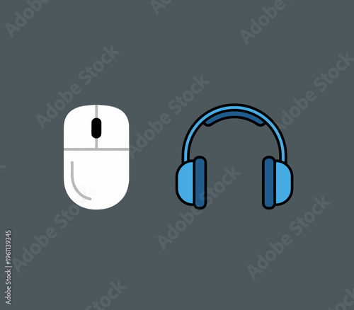 Minimalist Computer Peripherals Set with White Wireless Mouse and Blue Headphones for Audio and Gaming Experience Isolated on Dark Background Vector