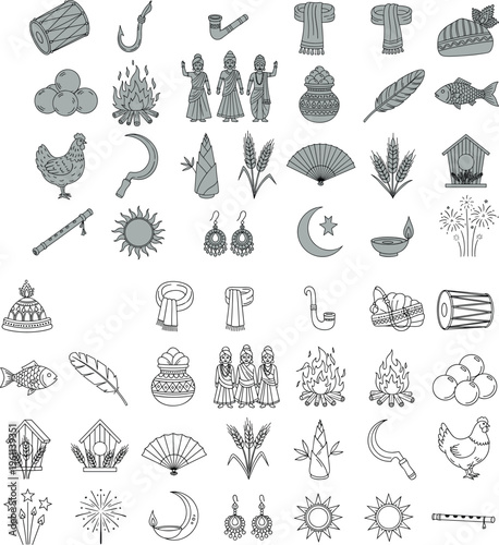 Grid of traditional cultural black and white icons featuring animals celestial bodies plants musical instruments religious symbols decorative heritage illustration design