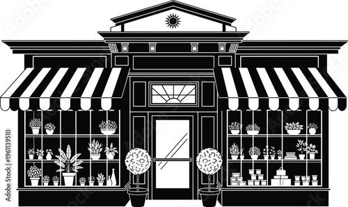 Detailed black and white vector silhouette illustration of a classic retail plant shop storefront featuring striped awnings and large glass display windows with potted plants.
