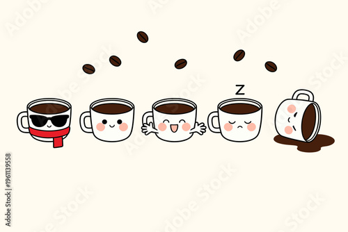 Set of Cute Coffee Cup Characters Expressing Different Emotions and Moods, Sleepy, Happy and Cool Mugs with Coffee Beans, Morning Routine and Caffeine Addiction Concept Illustration