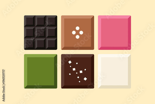 Gourmet Chocolate Bar Square Set with Different Flavors Including Dark Milk Strawberry Matcha White and Nut Pieces Vector Candy Illustration