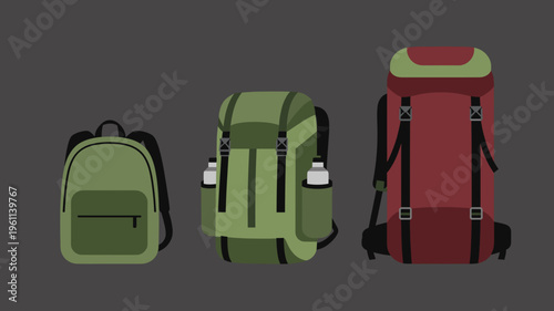 Professional Hiking Backpacks Collection in Different Sizes and Colors for Outdoor Camping Adventure Trekking and Travel Equipment Vector Art