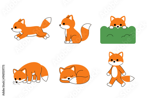 Set of Cute Orange Fox Character in Various Poses and Actions, Jumping, Sitting, Sleeping, Walking and Hiding in Bushes, Adorable Forest Animal Vector