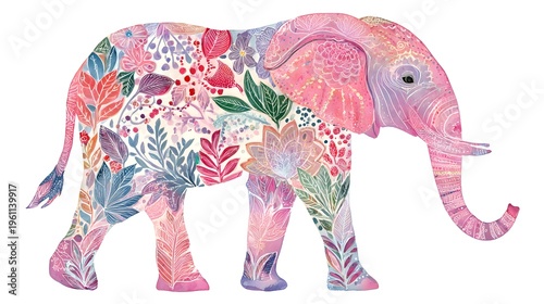 mandala style elephant illustration. Stylized elephant filled with vibrant mandala patterns in rich floral and geometric motifs