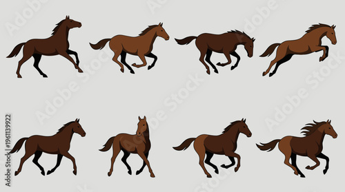 Brown Horse Running and Jumping Animation Frames Set Isolated on Gray Background, Galloping Stallion Motion Sequence, Equine Movement Vector