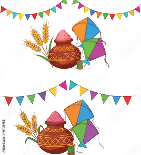 Traditional clay pots with colorful splashes of pink orange yellow powder, festive fireworks rockets and floral ornament design celebrating Indian Holi festival illustration
