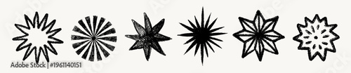 Hand drawn star set with chalk crayon and pencil texture in black pastel style. Star shapes in doodle sketch brush design for posters, fabric, wrapping paper, stickers, print