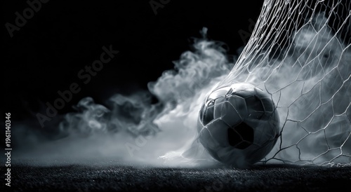 Dramatic soccer ball captured mid-air, entering the net with smoky atmosphere