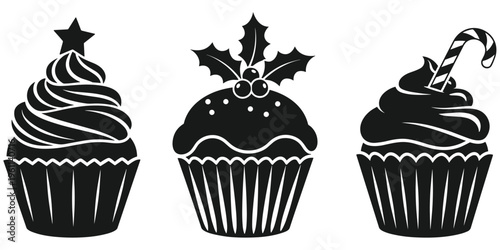 Holiday cupcakes, festive dessert set, Christmas treats, sweet celebration, candy cane topping, holly decoration, star frosting, flat vector illustration