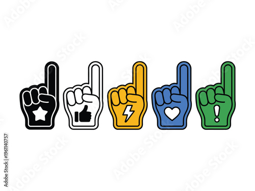 Colorful foam finger hand signs isolated on white background for various expressions