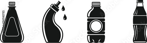 Plastic Bottle Icon Set with Various Beverage Cleaning and Detergent Containers Silhouette Style Packaging