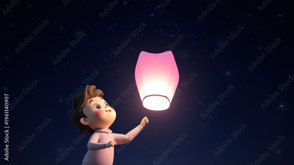 Fototapeta premium Young child gazes upward toward glowing lantern released into night sky filled with stars. Peaceful scene evokes wonder.