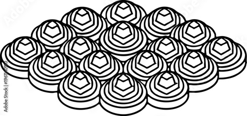 A grid of twelve abstract, three-dimensional shapes against a transparent background. Each shape is composed of concentric, smoothly curved lines, creating a rippling, organic form. The shapes vary sl