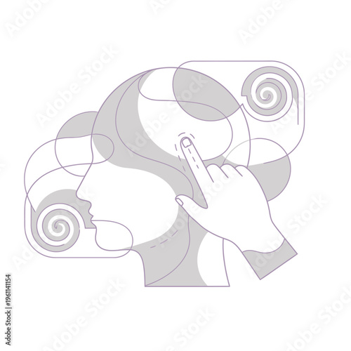 Abstract human head with finger touching screen.