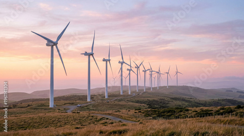 Renewable energy wind turbines at sunset, sustainable wind farm on rolling hills, clean electricity generation under pink sky