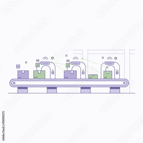 Automated Conveyor Belt System with Robotic Arms Sorting Packages.