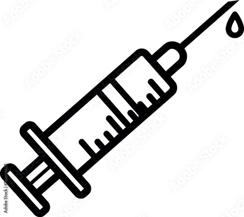 Black line icon of a medical syringe with a needle and drop