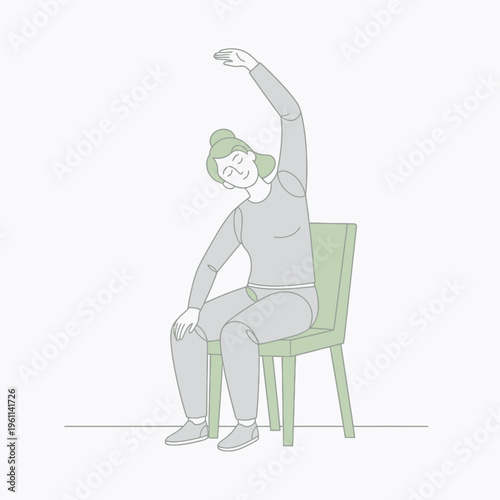 Elderly Woman Performing Seated Side Stretch Exercise.