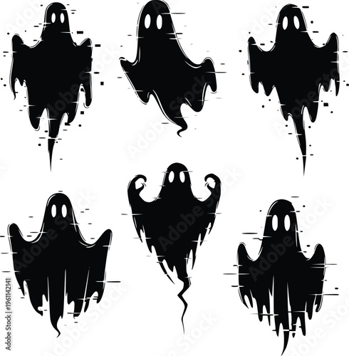 A group of spooky black ghost silhouettes on a white background