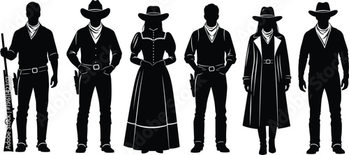 cowboy, silhouette, western, gunslinger, sheriff, outlaw, wild west, characters, hats, revolver, rifle, costume, people, vintage, black, isolated, illustration, background, set
