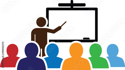 Diverse group of people in corporate training or classroom workshop, teacher pointing at whiteboard, professional education and teamwork concept vector illustration.