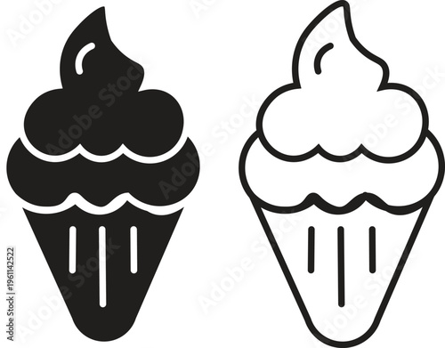 Black and white vector icons of soft serve ice cream cones, one solid and one outline.