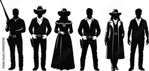 cowboy, silhouette, western, gunslinger, sheriff, outlaw, vintage, wild west, characters, hats, revolver, rifle, costume, people, black, isolated, illustration, background, set