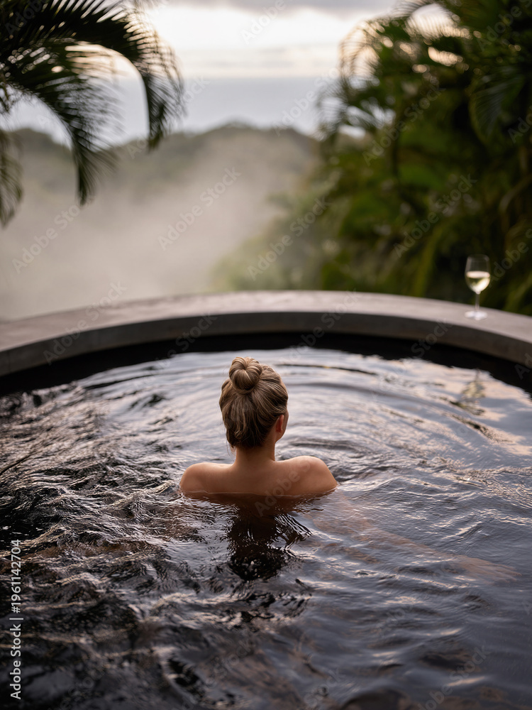 Fototapeta premium Woman in infinity pool overlooking misty tropical valley