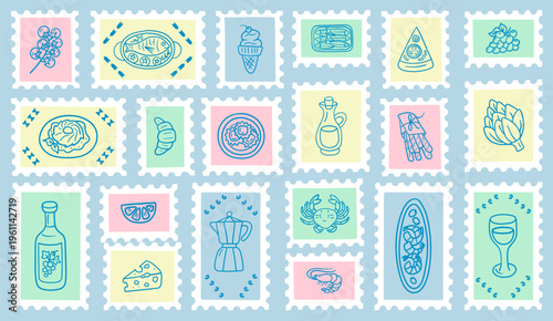 Collection of pastel postage stamps featuring line art illustrations of Mediterranean-inspired foods, drinks, and seafood on a blue background