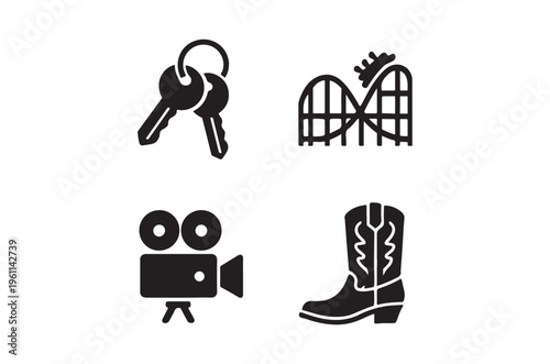 Black silhouettes depict keys a roller coaster film camera and boot