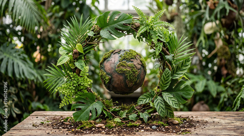 Eco friendly earth globe covered in green moss, tropical leaf wreath surrounding planet earth, environmental conservation and sustainability concept