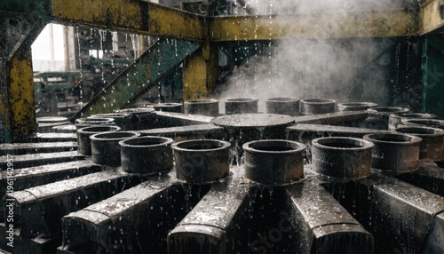 Medium shot of empty rotating molds on an anode casting wheel highlighting the preparation stage before molten metal pouring in a hightech metal production environment.