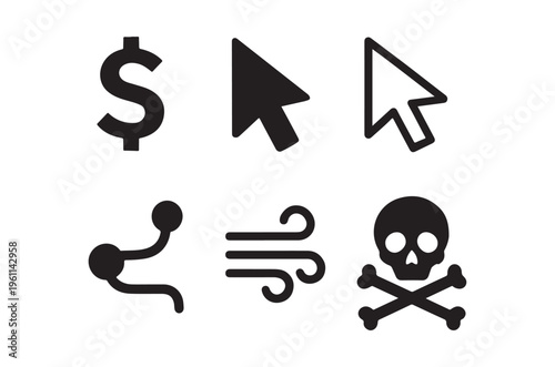 Black icons depicting a dollar sign cursors and warning symbols