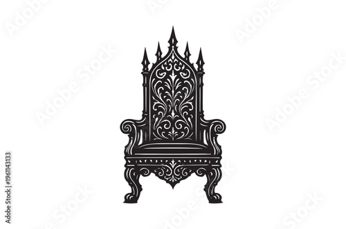 Ornate black throne chair with detailed floral and gothic designs
