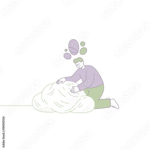 Man carefully arranging large pile of soft white material.