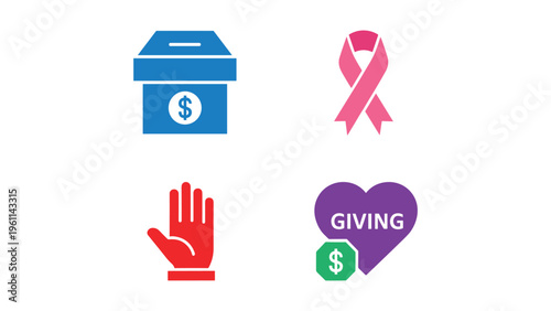 Icons representing charity, donation, awareness, and support initiatives