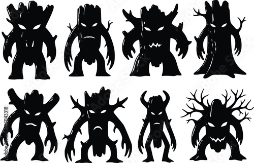 A group of scary monster silhouettes standing in a row on white