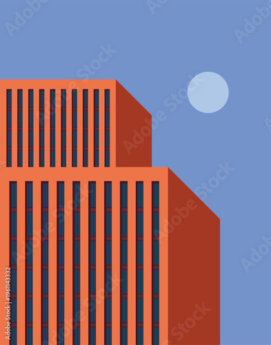 Minimalist geometric architectural vector illustration of a modern red building facade with a clear blue sky background, featuring clean lines, flat design aesthetic, contemporary urban skyscraper.