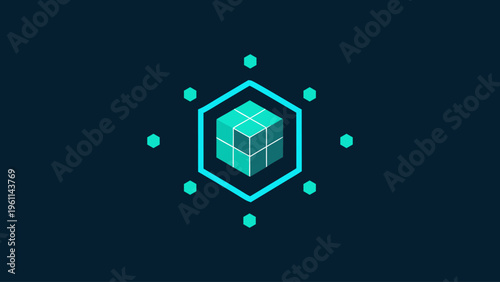 Abstract Teal 3D Isometric Cube with Ring of Hexagons, Minimalist Blockchain and Tech Background for Data and Crypto Concept.