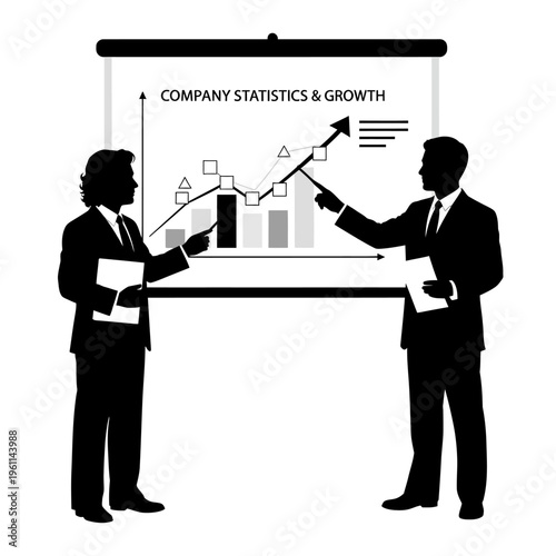 Two businessmen discussing company statistics.