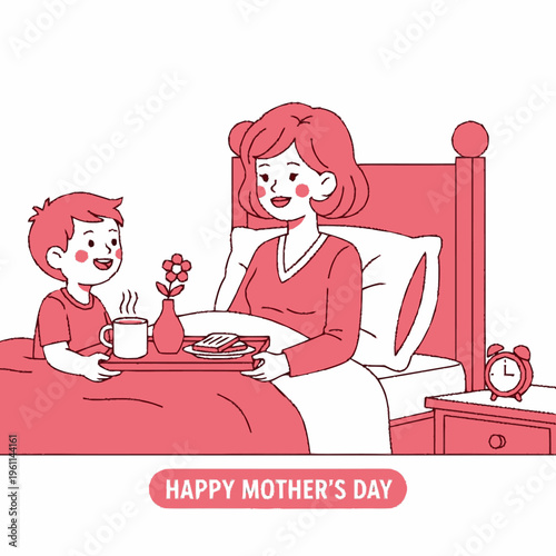 A young boy brings a tray with breakfast and a flower to his mother in bed, celebrating Mother's Day.