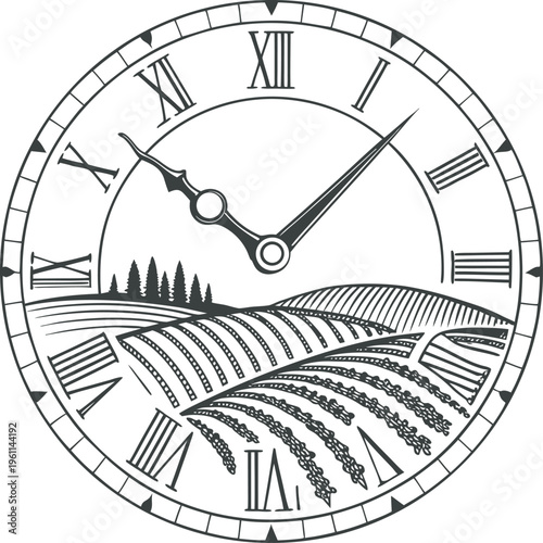 Vintage clock face with vineyard landscape