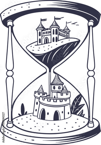Vintage hourglass with castle and fortress inside, sand pouring down, time passing concept