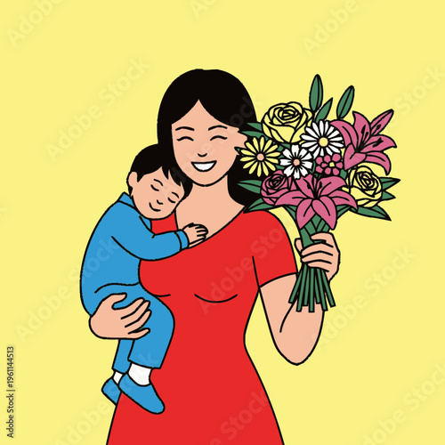 A smiling mother in a red dress holds her sleeping child and a bouquet of colorful flowers against a yellow background.