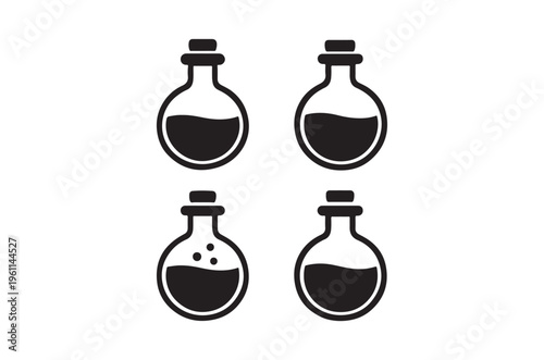 Four black potion bottles with varying liquid levels and bubbles