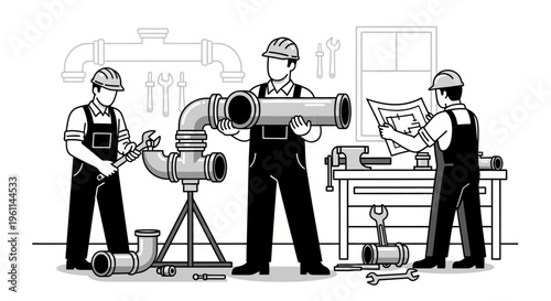 Two diligent male industrial workers collaborating on pipe assembly, one holding a pipe and the other examining blueprints in a workshop, black and white.