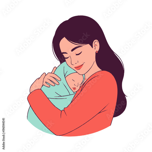 A loving mother tenderly cradles her newborn baby, swaddled in a soft blanket, with a gentle smile and closed eyes.