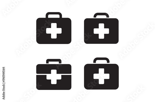 Four black medical case icons with white plus signs displayed clearly