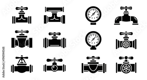 Collection of black silhouette industrial pipe valves and pressure gauges, isolated white background.